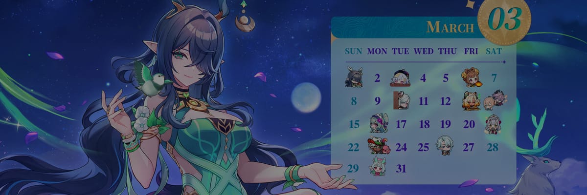 Genshin Impact Lanza los Fondos de Pantalla del Calendario de Marzo de 2026 con un Evento de Sorteo de Protogemas