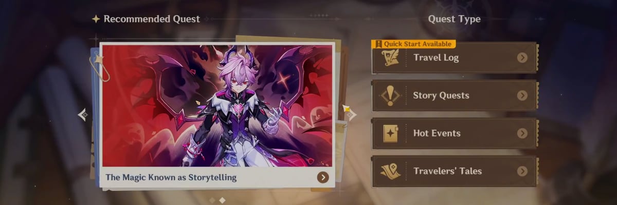 Updated UI organizes Archon, Story and World Quests with clearer navigation and rewards visibility