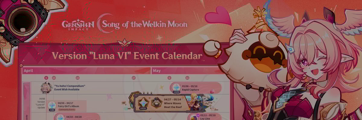 El calendario de la nueva versión Luna VI destaca eventos exclusivos, recompensas de Protogemas y desafíos que regresan durante abril y mayo
