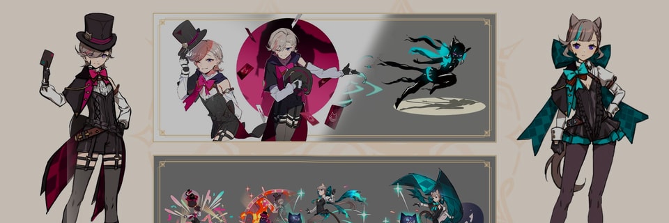 Genshin Impact revela los artes conceptuales de Lyney y Lynette, mostrando la creación de sus atuendos y splash art