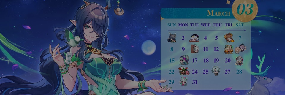 Genshin Impact Lanza los Fondos de Pantalla del Calendario de Marzo de 2026 con un Evento de Sorteo de Protogemas
